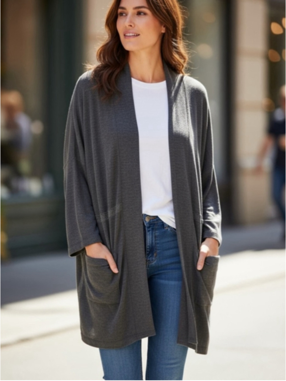 Soma Charcoal Gray Long Open-Front Cardigan | Size L | Soft Stretch Pockets